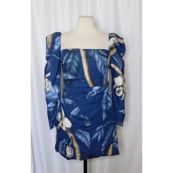 JOHANNA ORTIZ Gathering Nature Printed Crepe Mini Dress Blue Tropical Print 4 - Picture 3 of 15
